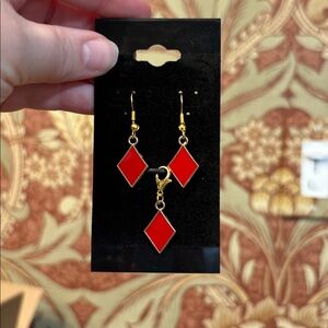 New 3pc set Red gold tone diamond shape Geometric Earrings with matching charm